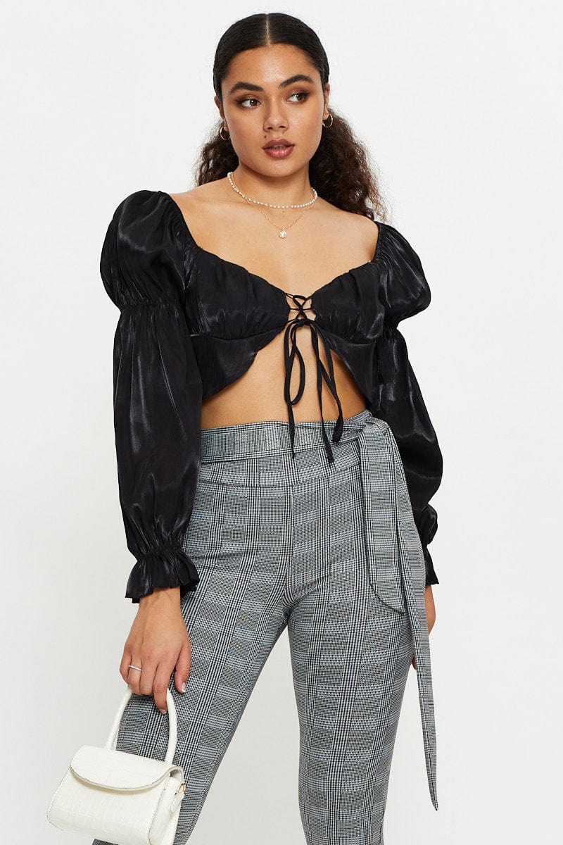 Black Satin Gathered Sleeve Top