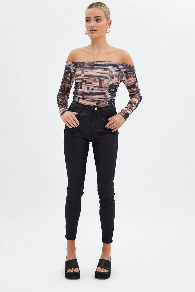 Brown Print Bardot Top Long Sleeve Off Shoulder Mesh Crop