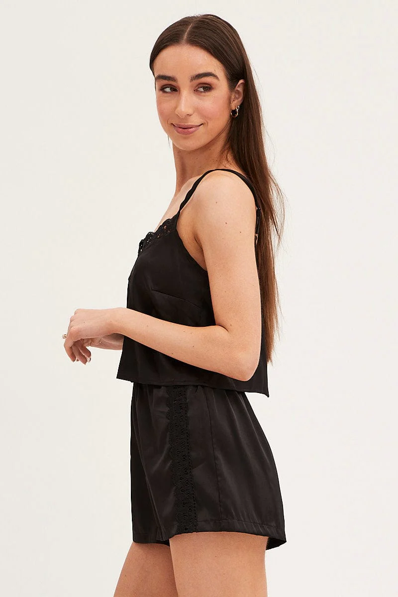 Black Pyjamas Set Sleeveless Cami Shorts Satin