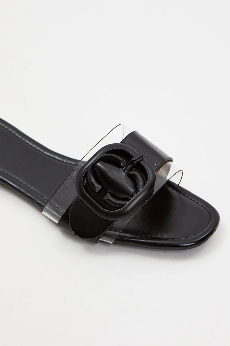 Black Buckle Detail Flat Slides