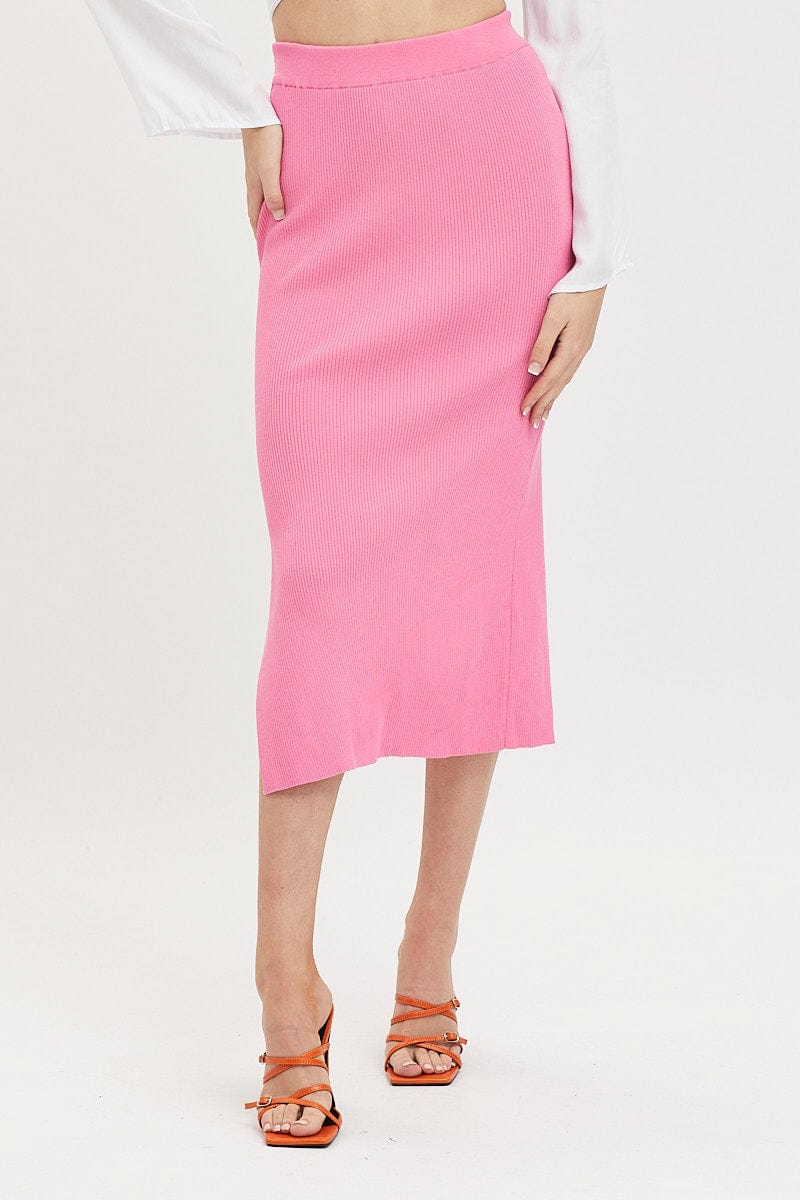 Pink Knit Skirt Midi Side Split