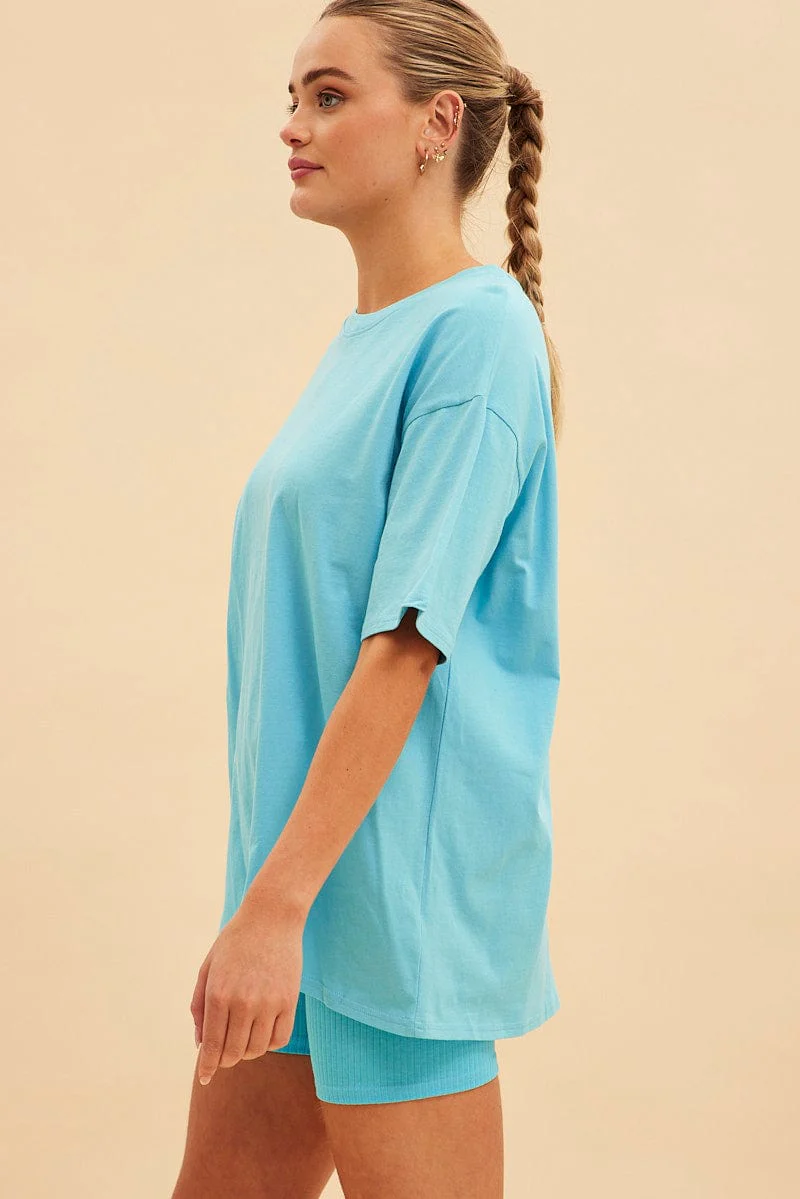 Blue Jamie Cotton Jersey Crew Neck Oversized T-Shirt