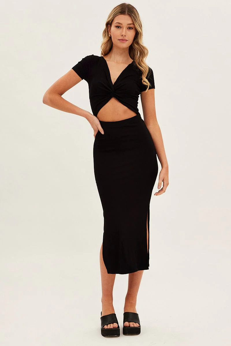 Black Bodycon Dress Rib Twist Front Cut Out Short Sleeve