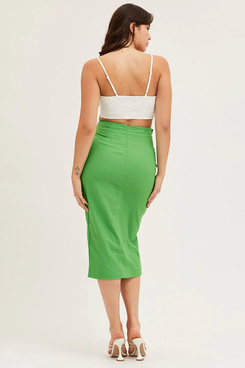 Green Front Tie Midi Skirt