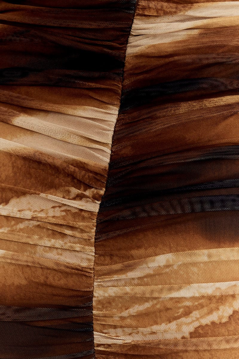 Brown Abstract Bodycon Dress Sleeveless Ruched Mesh