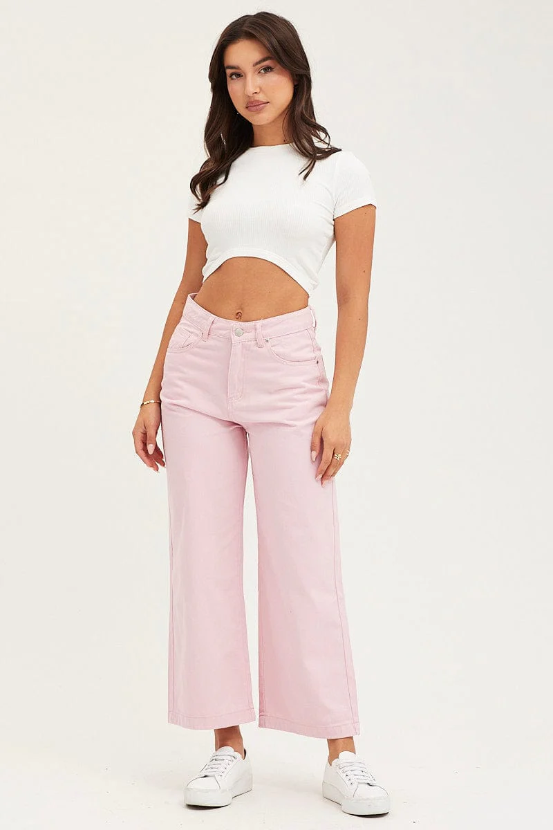 Pink Denim Jeans Wide Leg High Rise Cropped