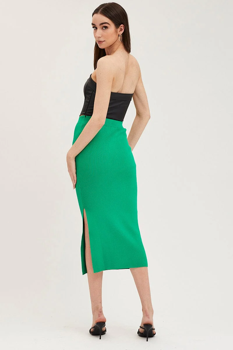 Green Knit Skirt Midi Side Split
