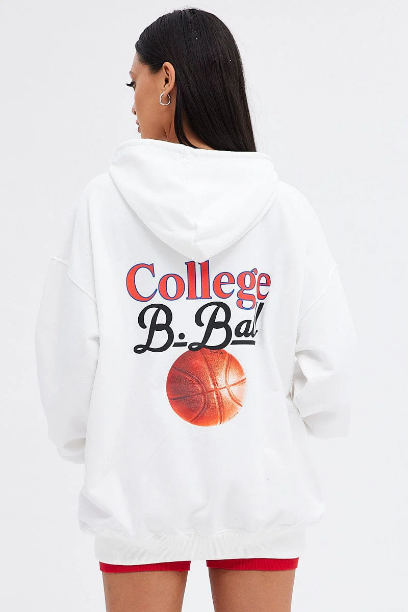 White Hoodie Sweater Long Sleeve Longline Basketball