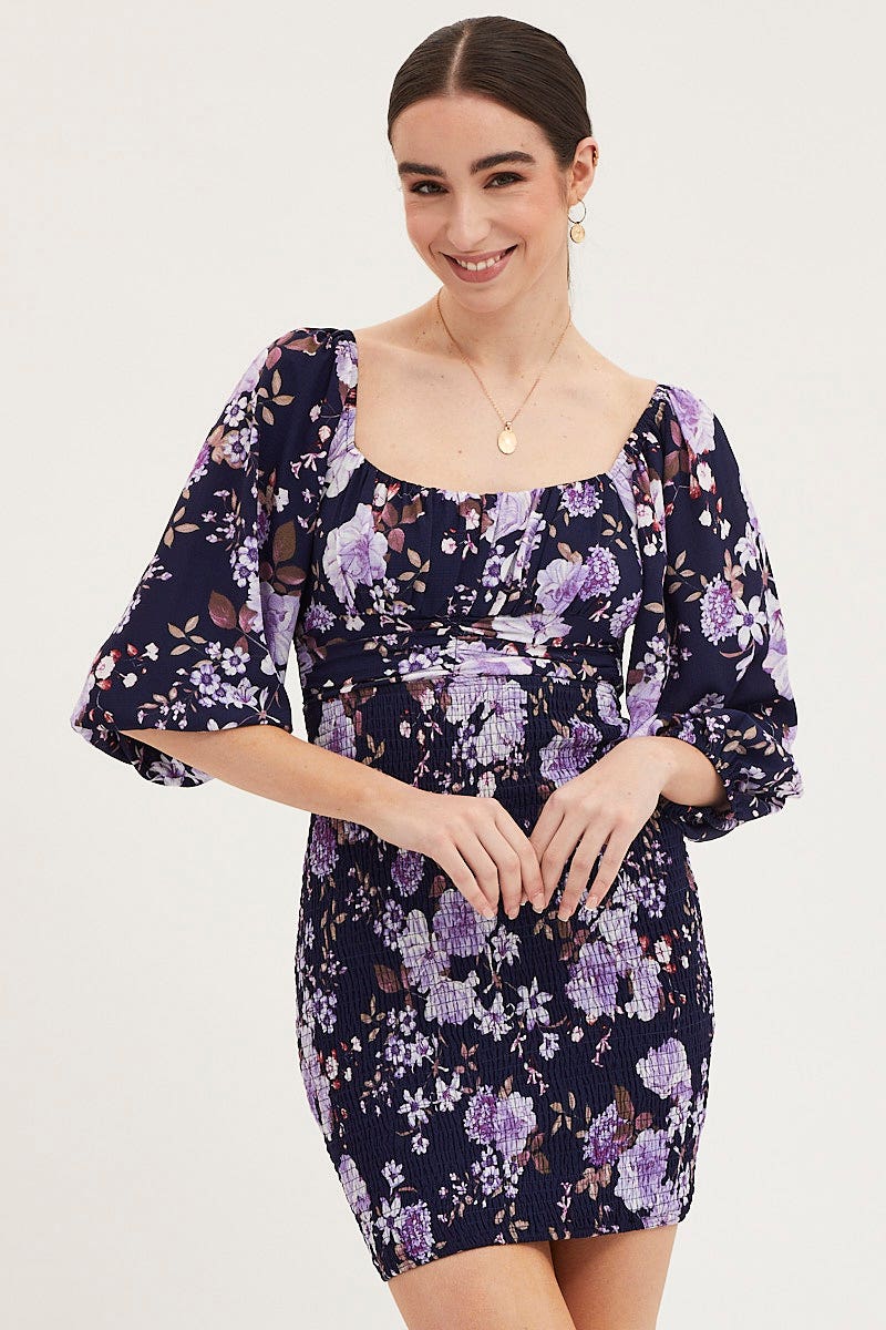 Print Shirred Dress Long Sleeve Mini