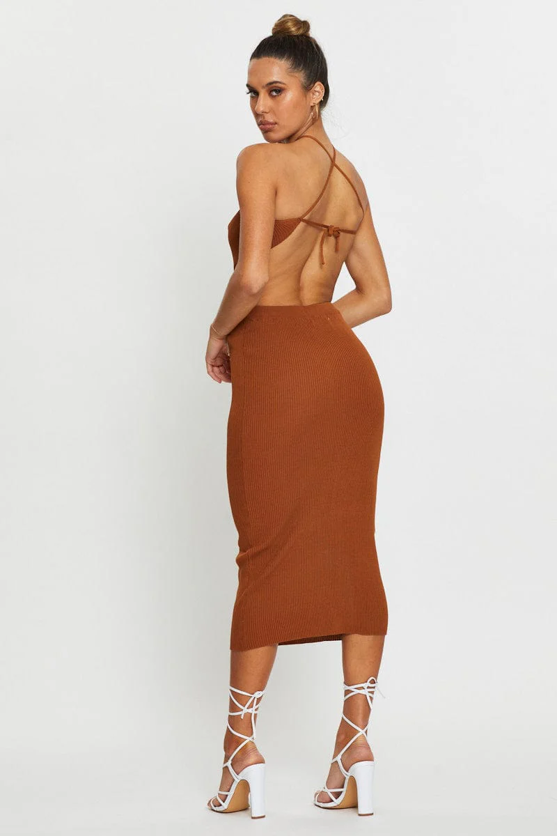 Brown Knit Dress Halter Neck