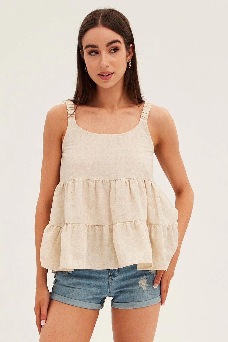 Beige Tiered Top Sleeveless Scoop Neck Linen Blend