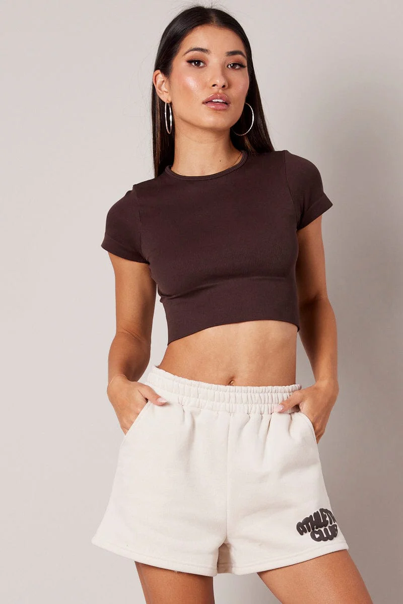 Beige Track Shorts High Rise Elastic Waist