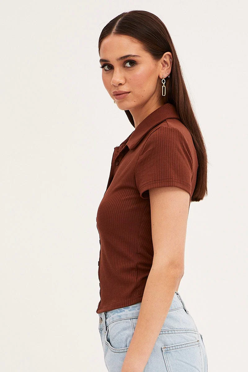 Brown Collared Top Short Sleeve Button Up Rib Jersey