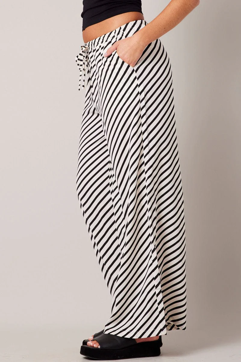 White Stripe Wide Leg Pants High Rise