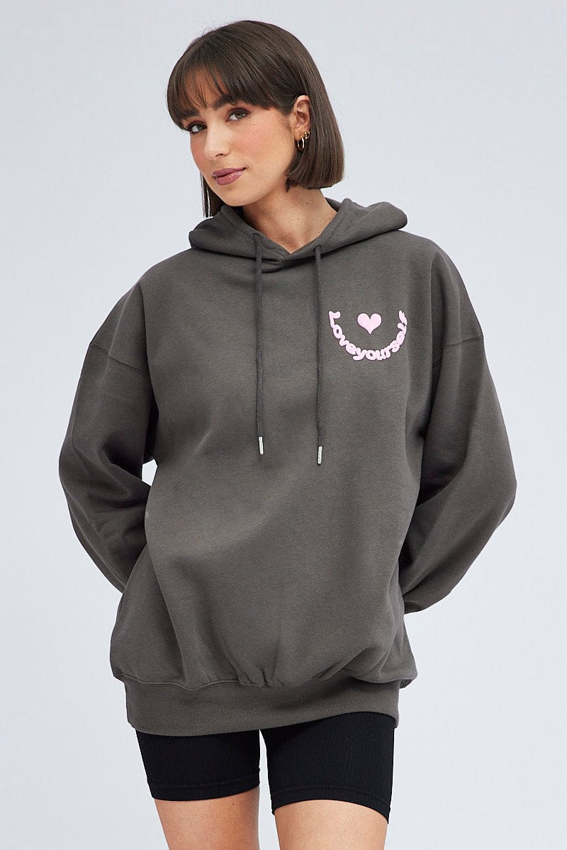 Grey Hoodie Sweat Long Sleeve Graphic