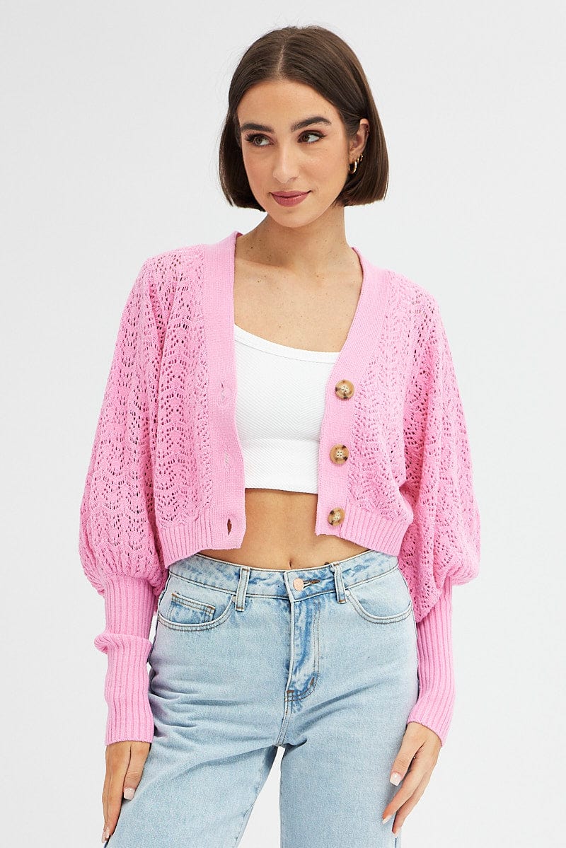 Pink Knit Cardigan Long Sleeve Crop
