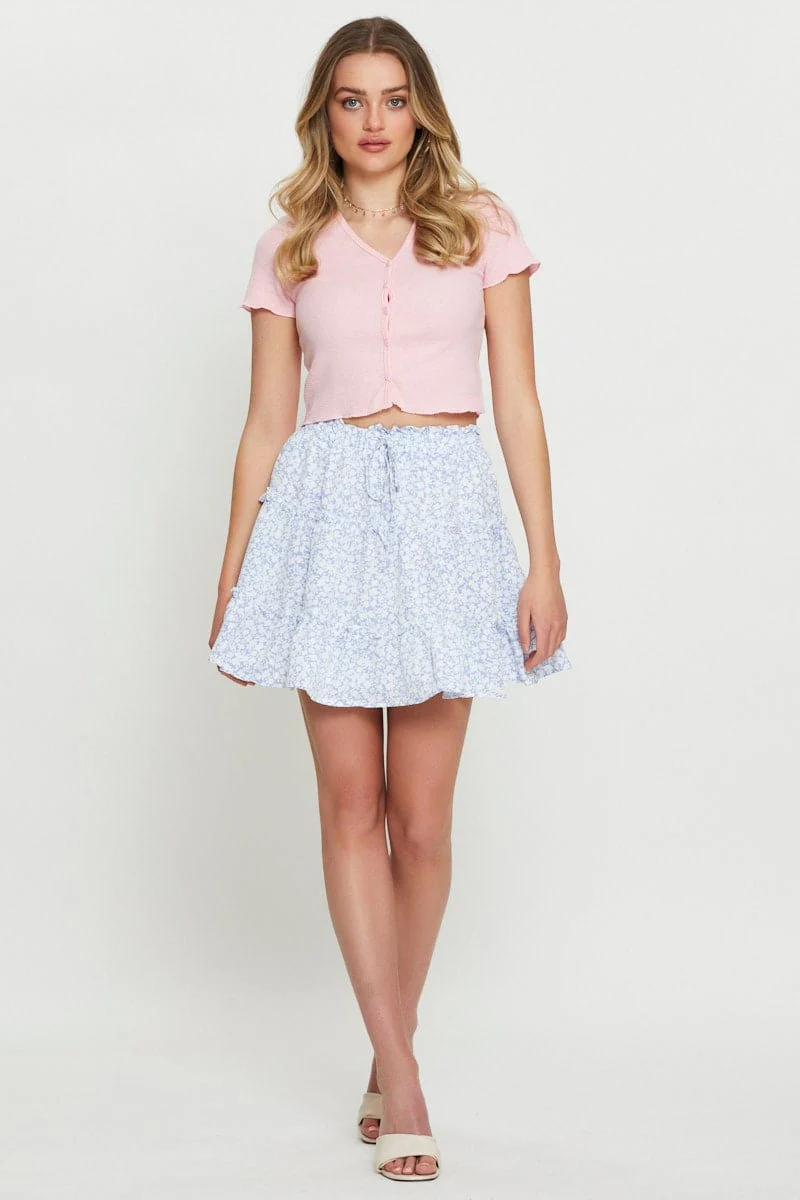 Print Elastic Waist Frill Short Skater Skirt