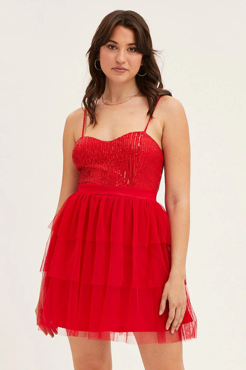 Red Skater Dress Sweet Heart Neck Lace