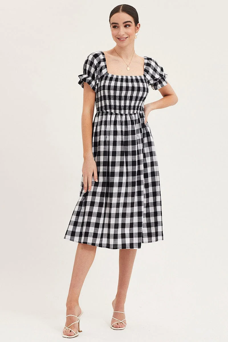 Check Shirred Dress Short Sleeve Midi