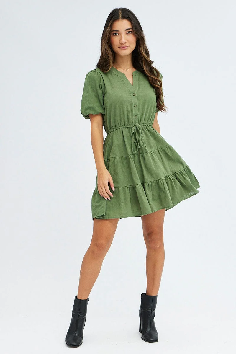 Green Shirt Dress Short Sleeve Tiered