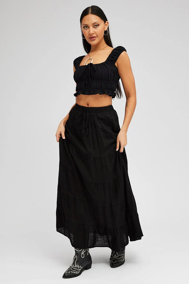 Black Maxi Skirt Tiered High Rise Linen Blend