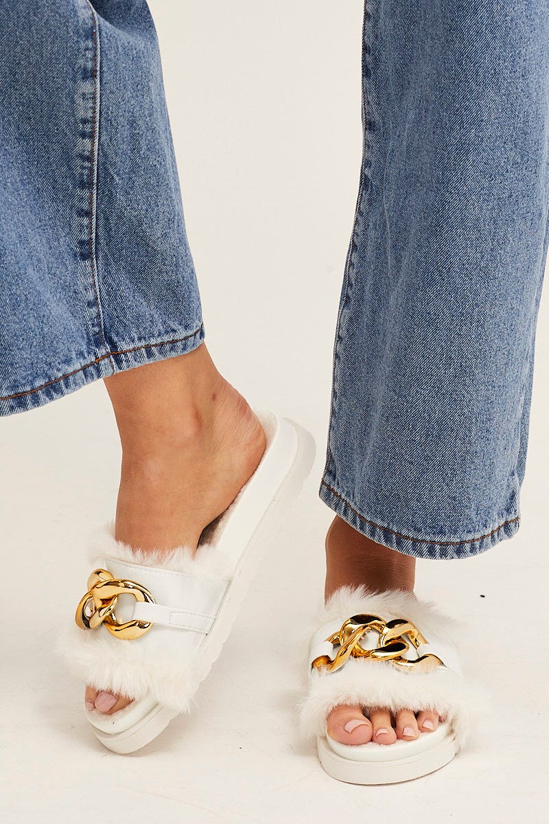 White Faux Fur Chain Slippers