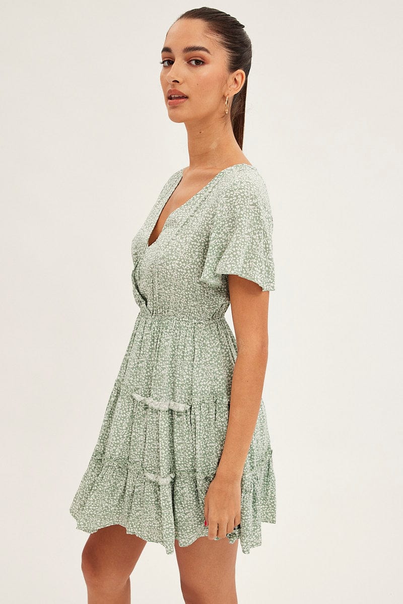 Green Floral Skater Dress Short Sleeve V Neck Green Floral