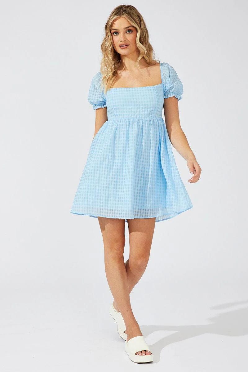 Blue Fit and Flare Dress Short Sleeve Self Check