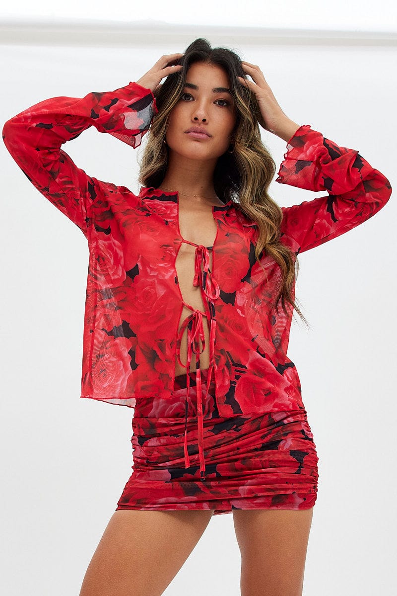 Red Abstract Mesh Cardigan Long Sleeve
