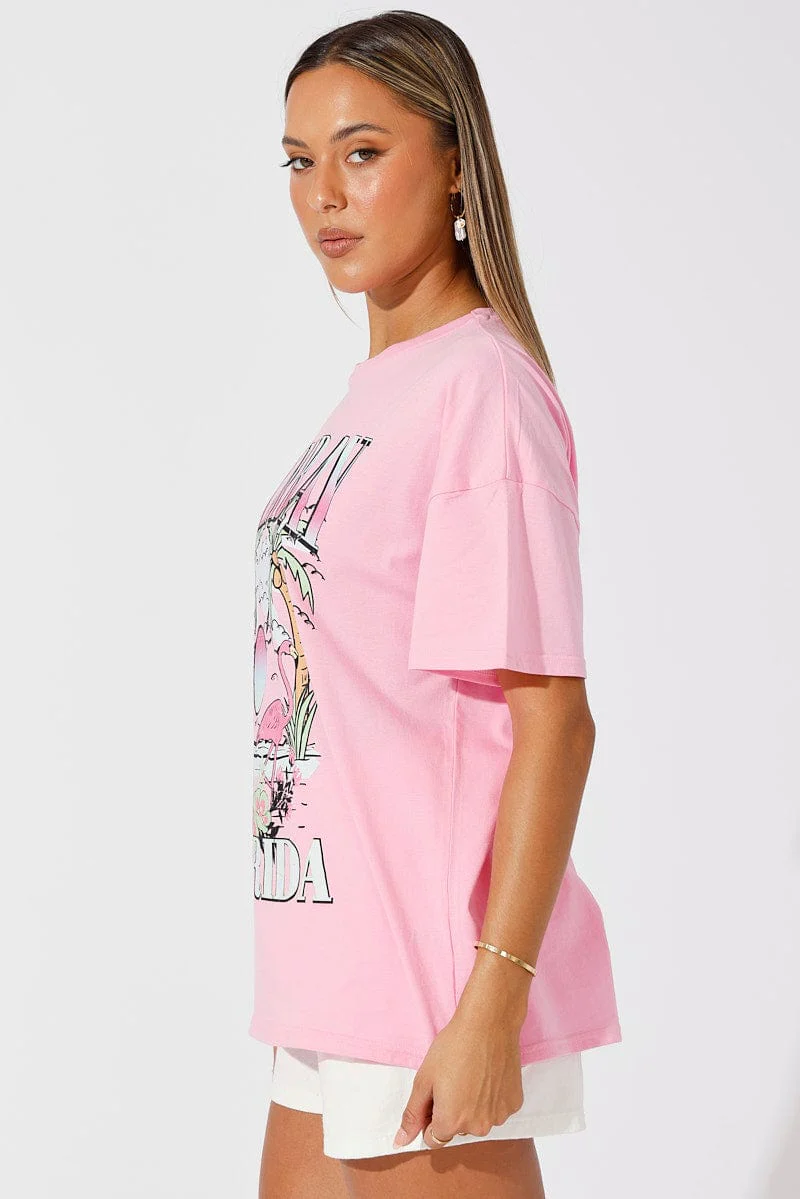 Pink Graphic Tee Tropical Palm Slogan Oversized Tshirt