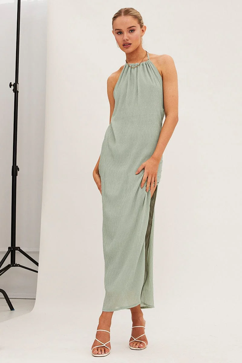 Green Textured Halter Dress Backless