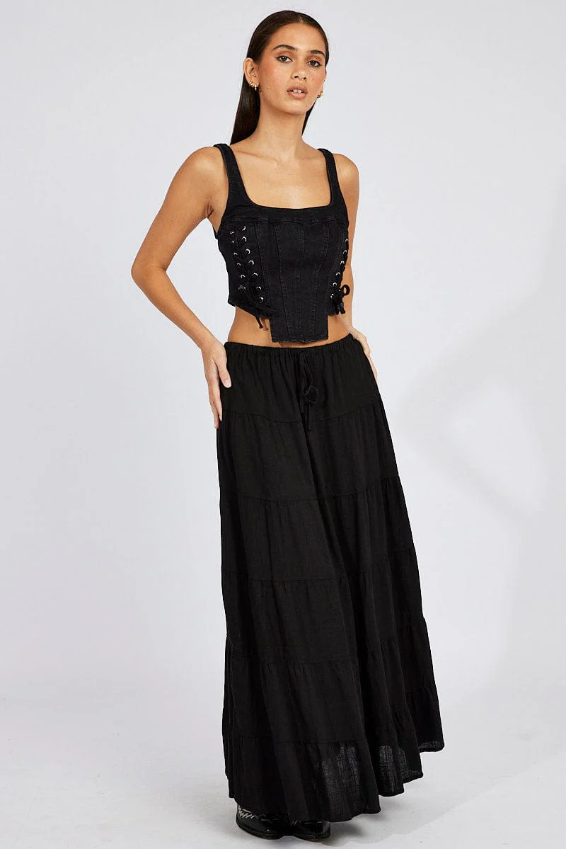 Black Maxi Skirt Tiered High Rise Linen Blend
