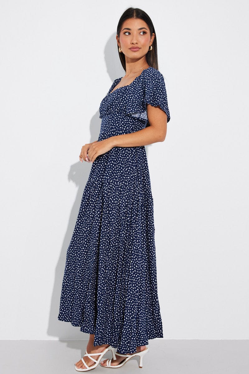 Blue Ditsy Maxi Dress Square Neck Tiered