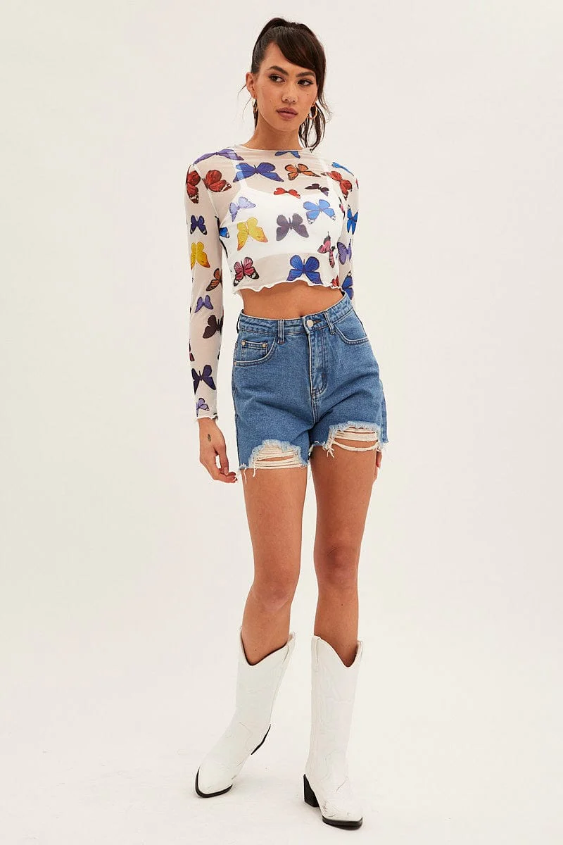 White Mesh Long Sleeve Crop Top