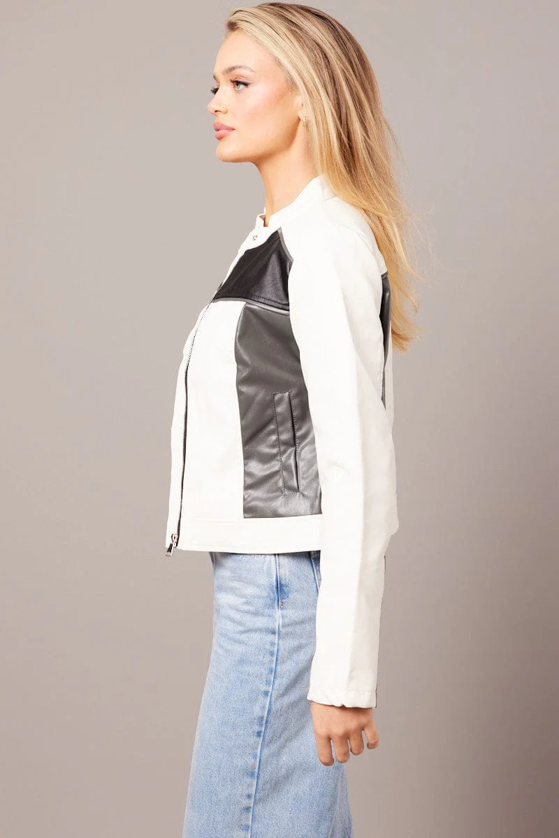 Grey Jacket Colour Block Long Sleeve Zip Faux Leather