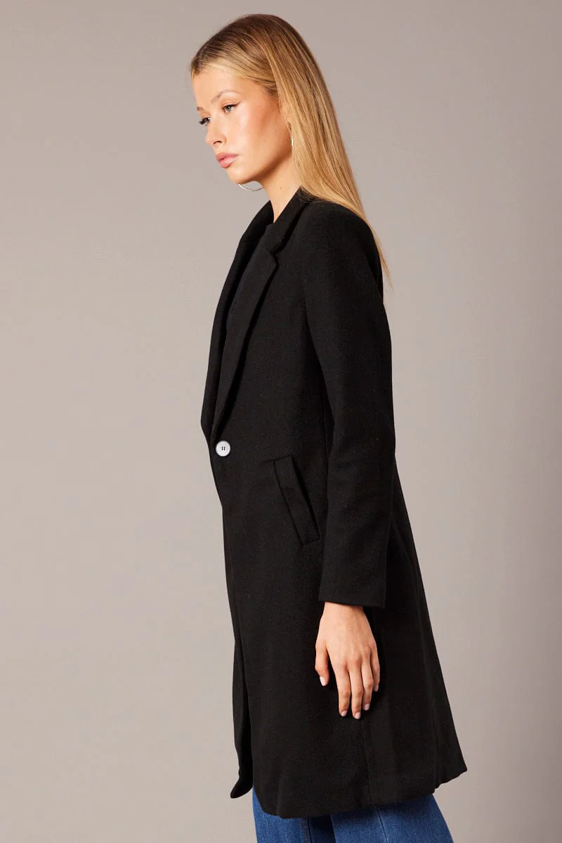 Black One Button Coat Knee Length