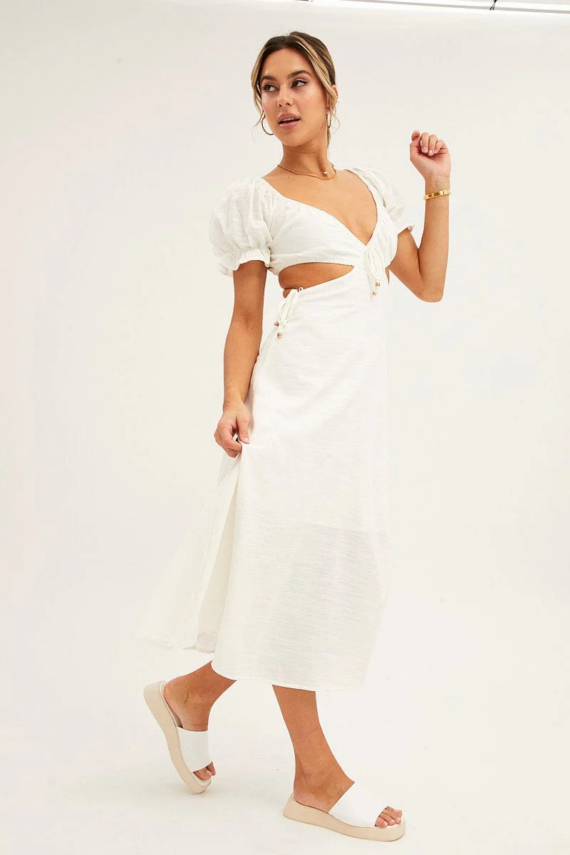 White Maxi Dress Puff Sleeve Cut Out