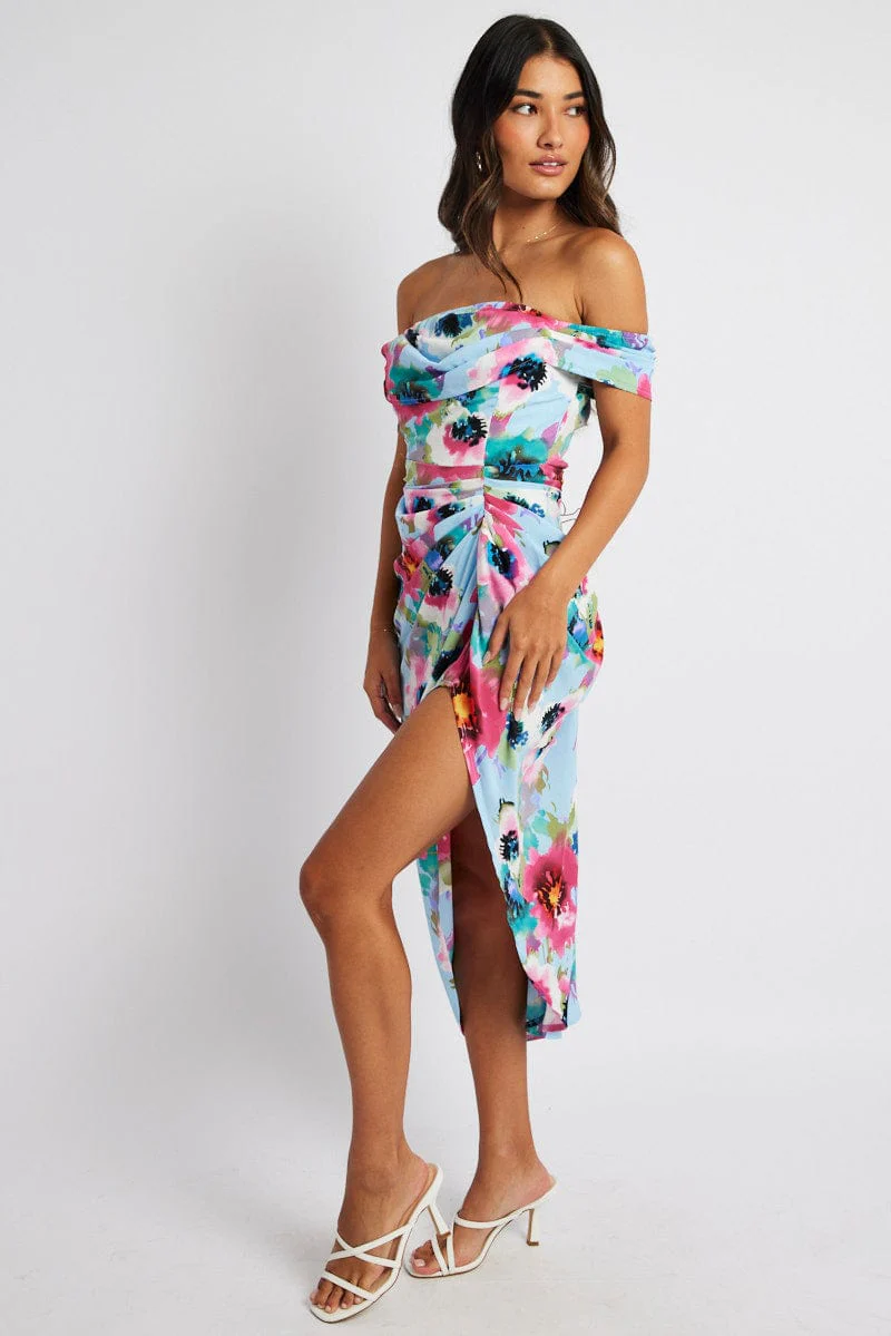 Blue Floral Midi Dress Bardot Sleeve Draped Blue Floral