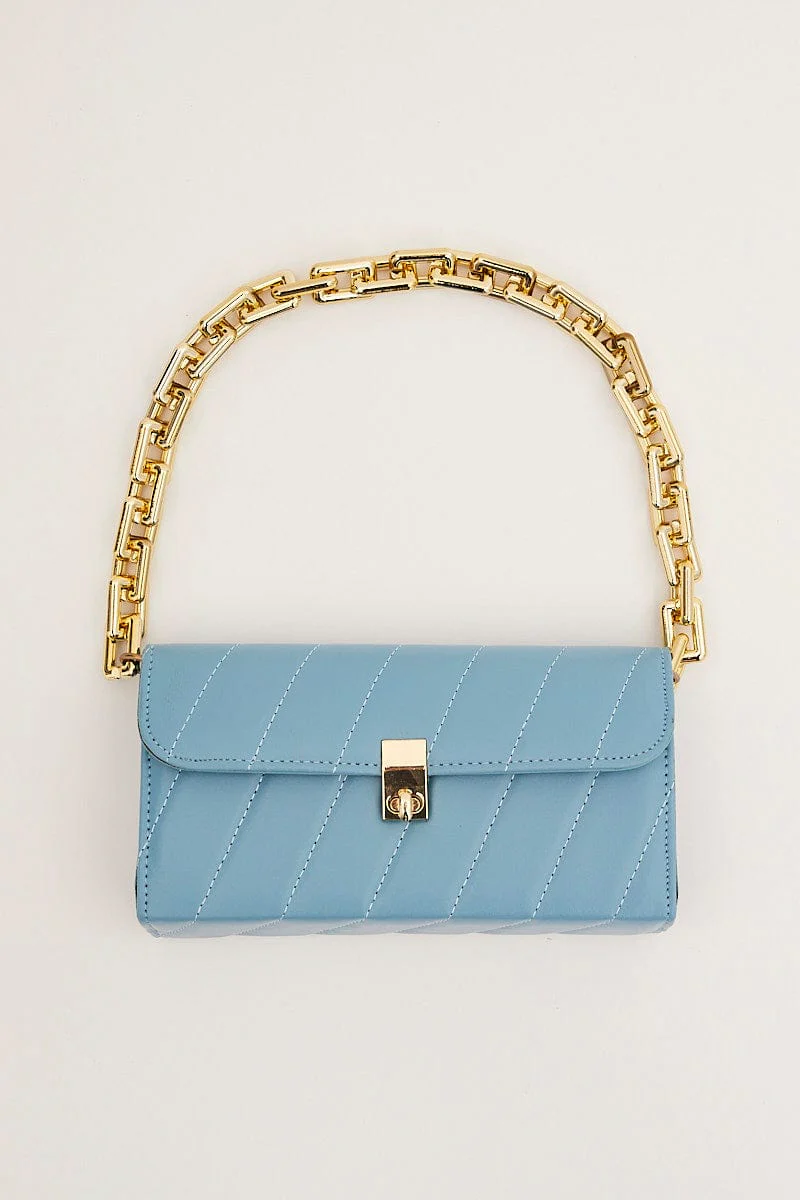 Blue Chain Flap Baguette Bag