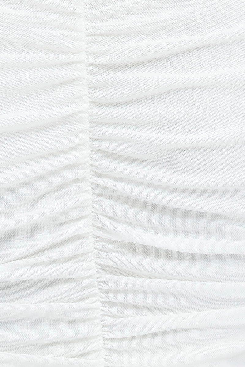White Mesh Top Long Sleeve Ruched Hook And Eye