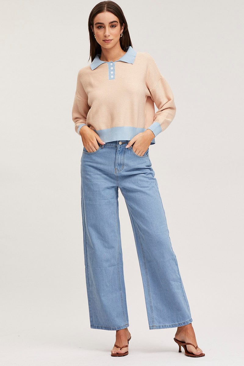 Beige Knit Top Long Sleeve Collared