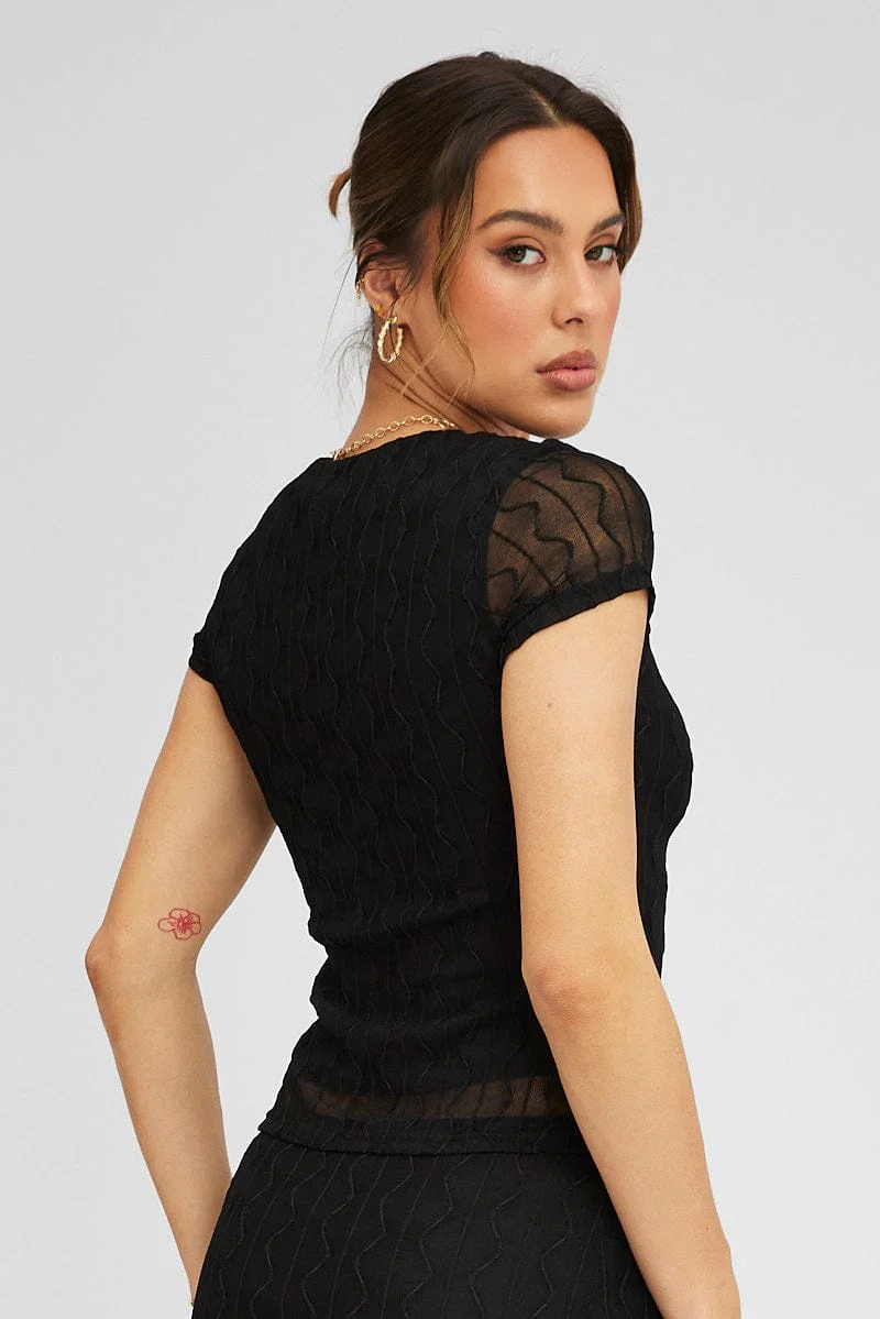 Black Top Short Sleeve Sweetheart Keyhole Hook & Eye