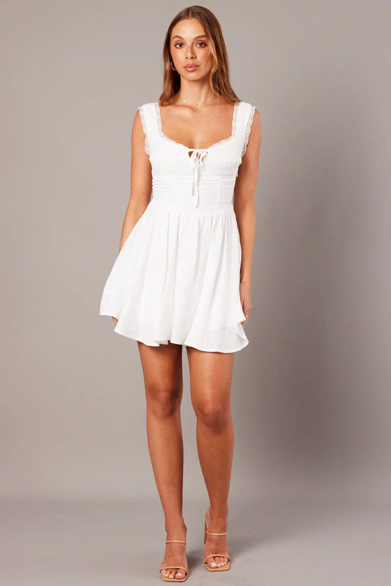 White Fit and Flare Dress Sleeveless Lace Trim