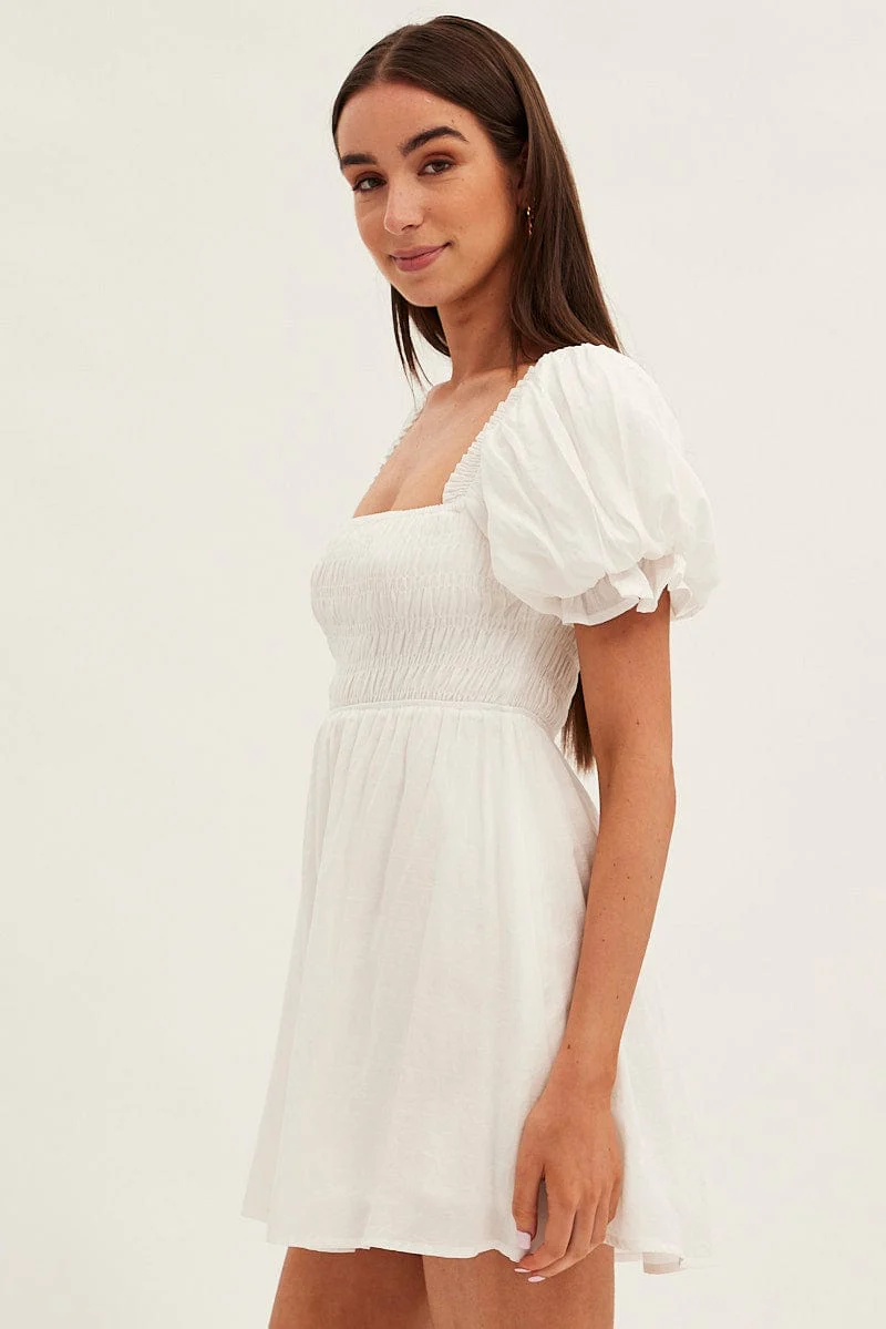 White Skater Dress Square Neck Short Sleeve