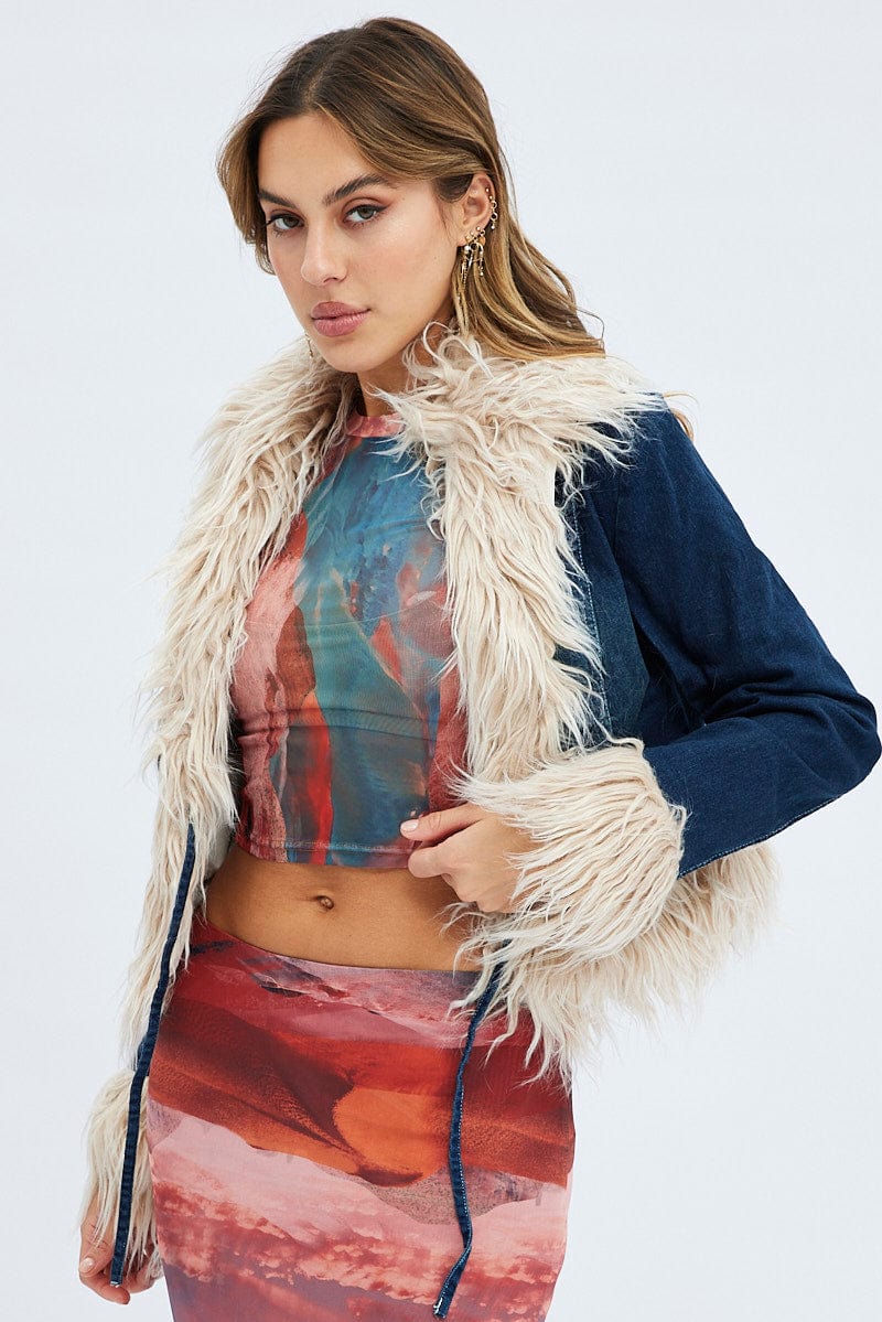 Denim Jacket Long Sleeve Faux Fur Tie Front Washed Denim