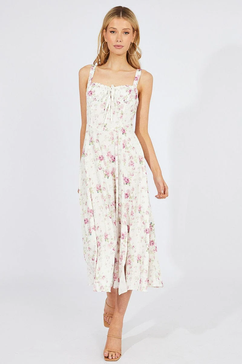 White Floral Midi Dress Gathering Bust Sleeveless