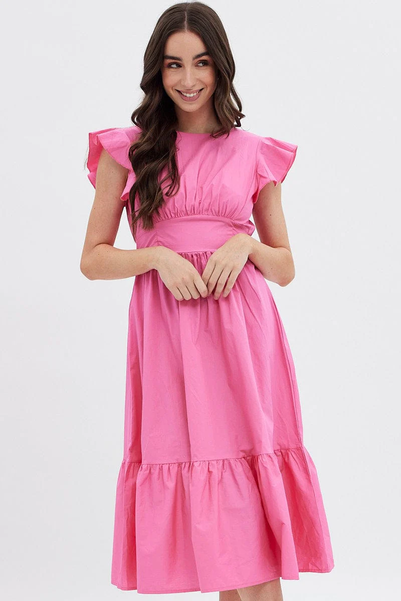 Pink Tie Back Midi Dress