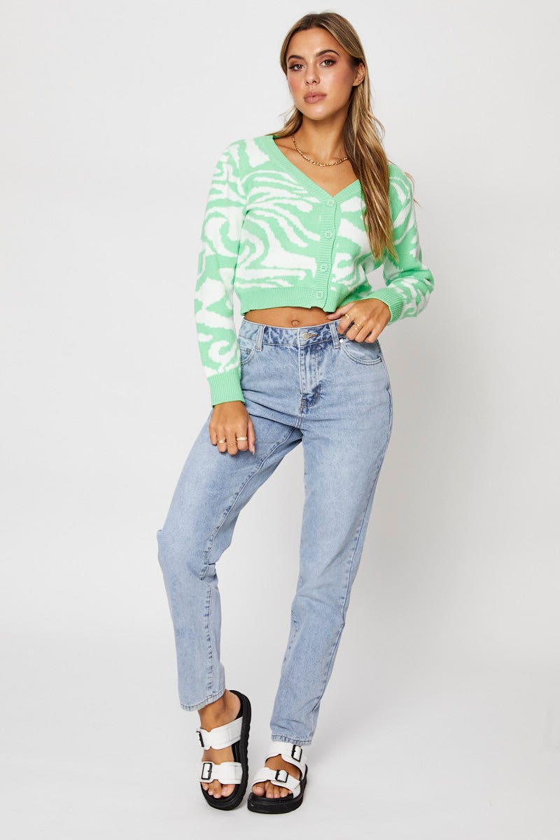 Abstract Print Knit Cardigan Long Sleeve Crop V-Neck