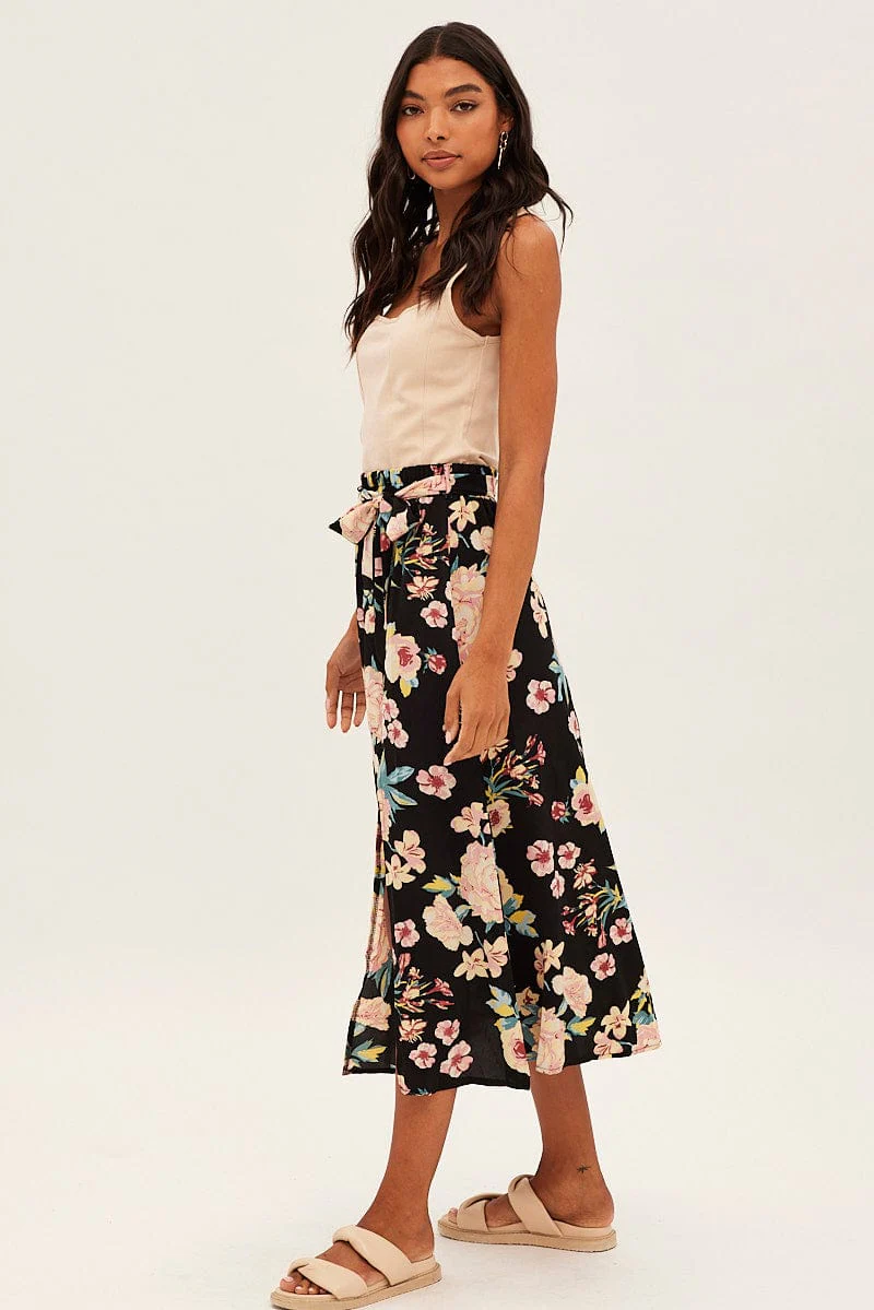Black Floral High Waist Front Slit Floral Midi Skirt