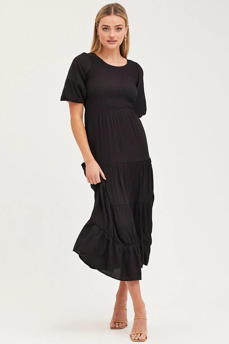 Black Shirred Dress Short Sleeve Maxi